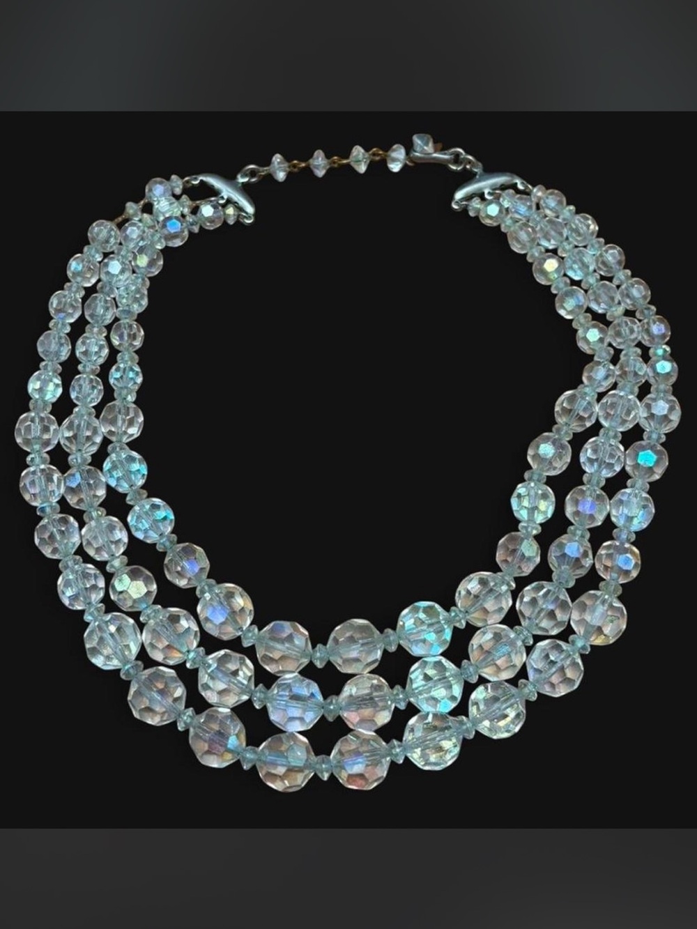 Vintage faceted crystal 3-strand beaded necklace w/ iridescent beads, 15”-17.5”